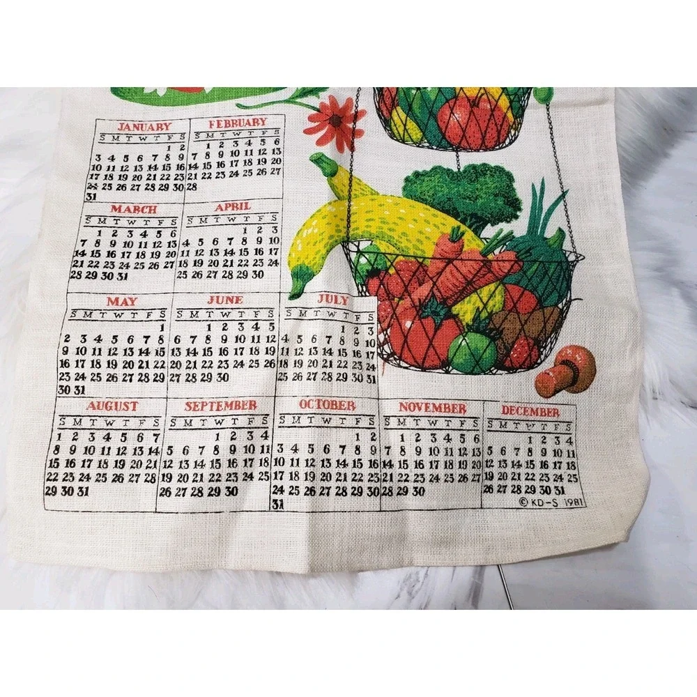 Vintage 1982 Linen Tea Towel Calendar Fruit Garden cottagecore Decor Kitchen 70s